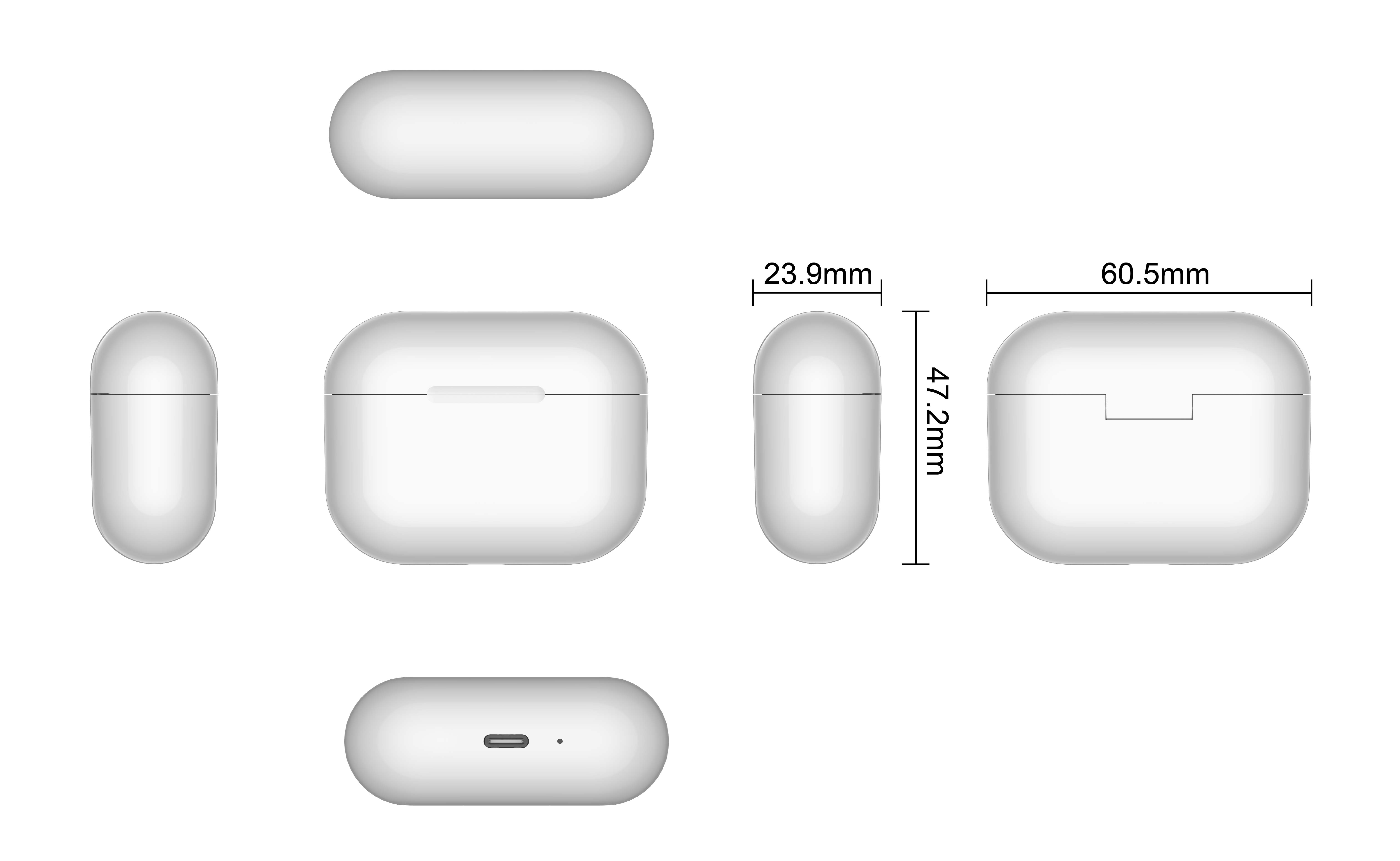 Diagramma di una custodia per auricolari wireless bianca, che mostra le dimensioni. Ha una porta USB-C.