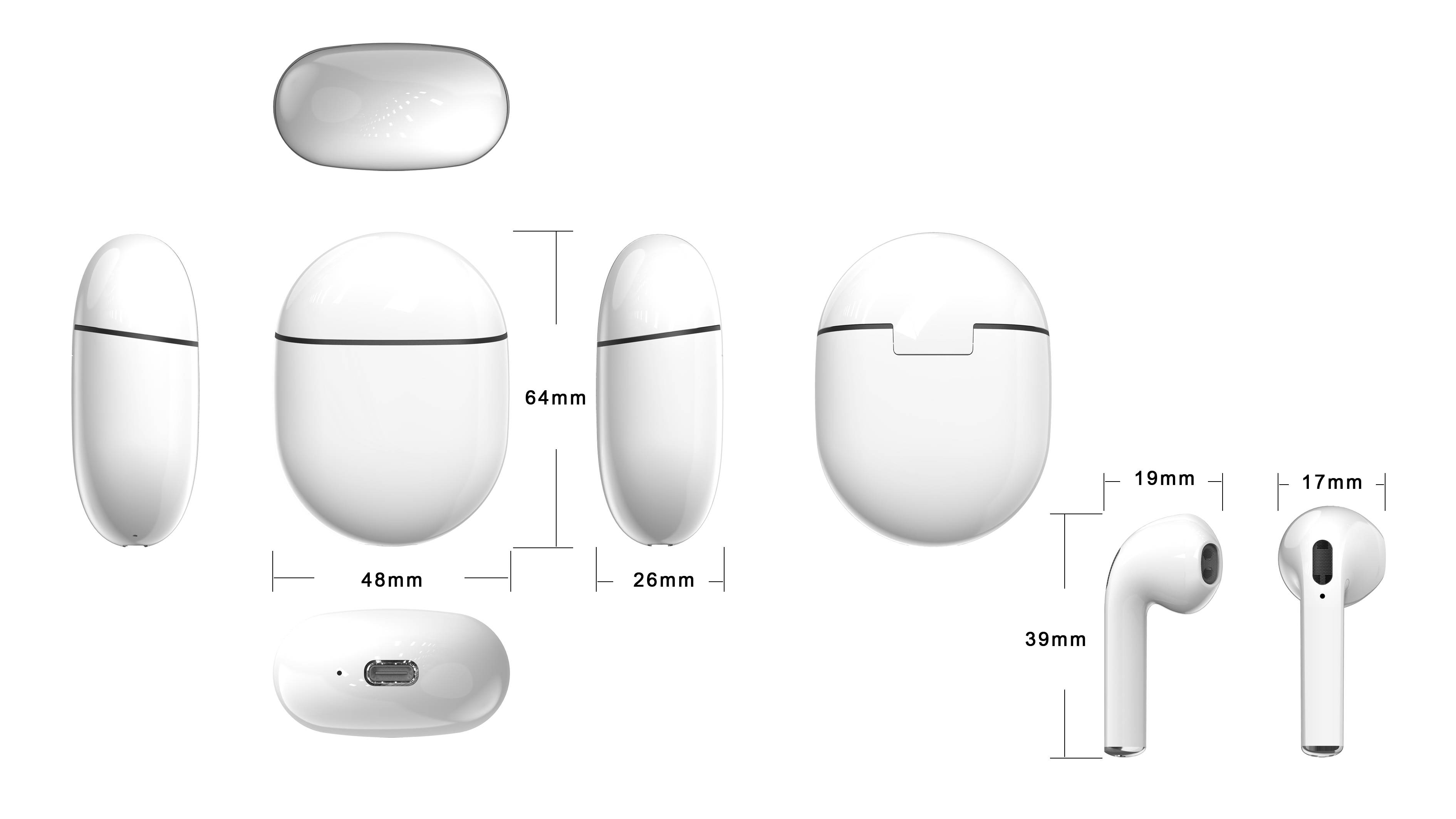 Diagrama de auriculares blancos y estuche de carga, con dimensiones etiquetadas en milímetros.