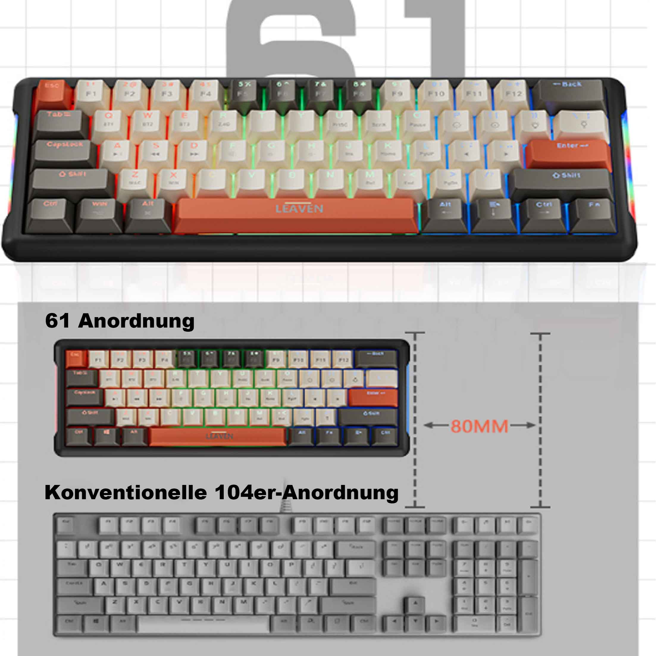 Góra: klawiatura 61-klawiszowa. Dół: klawiatura 104-klawiszowa, z wymiarami.