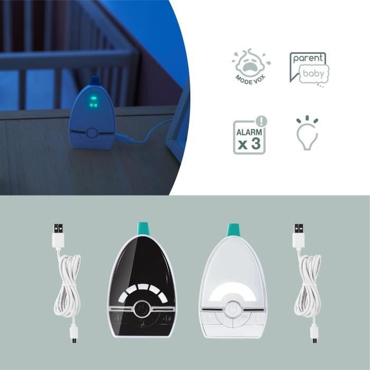 Babyphone-Einheiten. Zwei, schwarz und weiß, mit Kabeln und Ladestation.