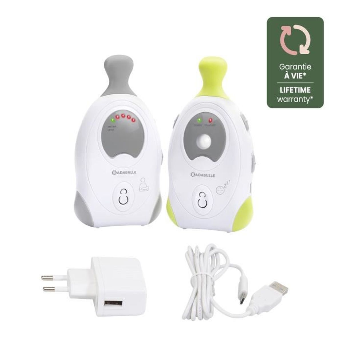 Due baby monitor con un caricabatterie e un cavo di ricarica. Un monitor ha un accento giallo.