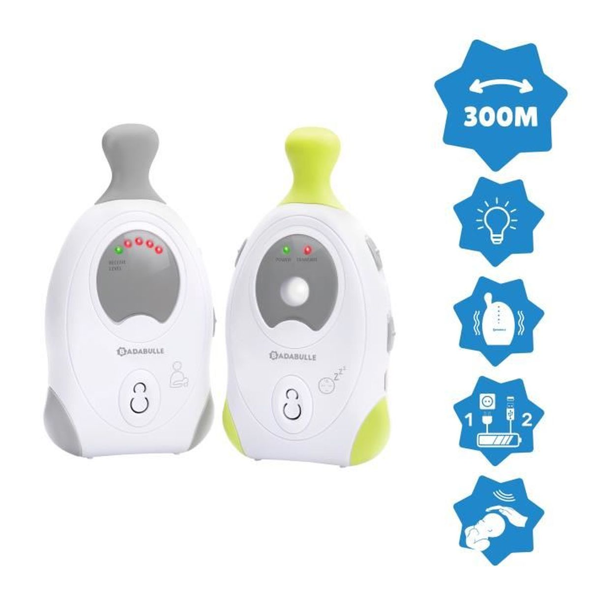 Due baby monitor con corpi bianchi e grigi, e uno con dettagli verdi. Icone blu a destra.