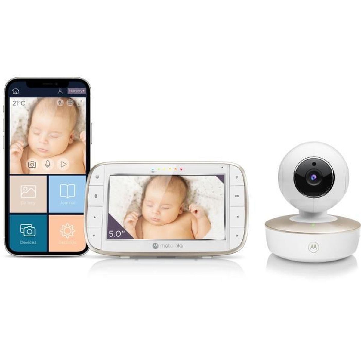 Ein Babyphone-Set mit einem Telefon, das das Baby zeigt, einem Monitor und einer Kamera.