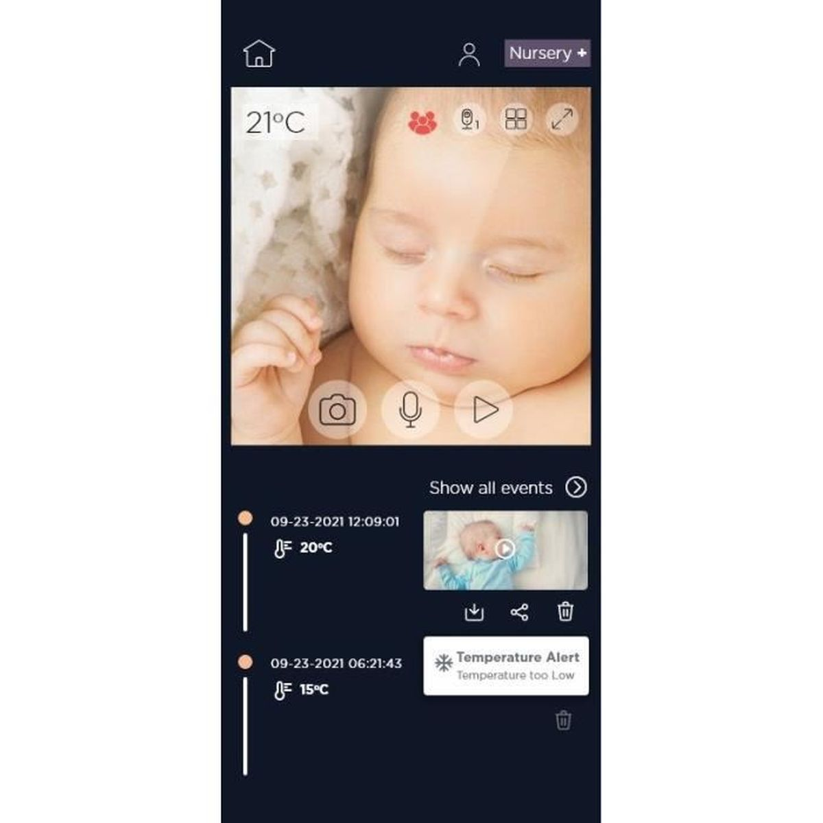 Babyüberwachungs-App-Oberfläche mit einem schlafenden Baby. Dunkler Hintergrund.