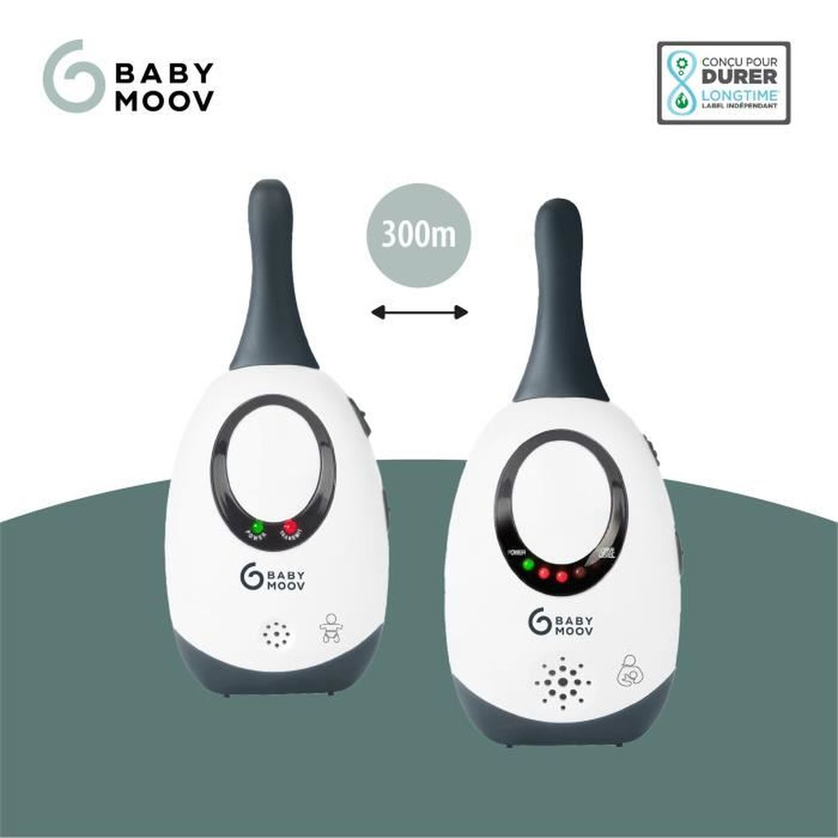 Zwei weiße und graue Babyphone mit Kontrollleuchten. Der Text lautet BABY MOOV und 300m Reichweite.