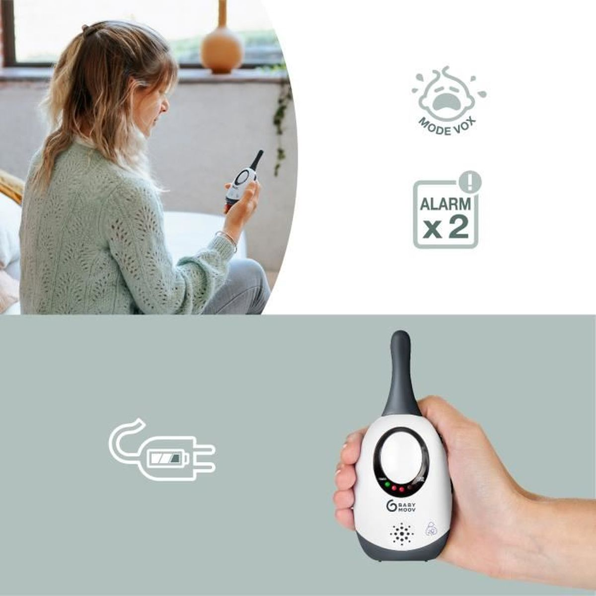 Frau hält weißen Babyphone. Symbole für weinendes Baby und Alarm.