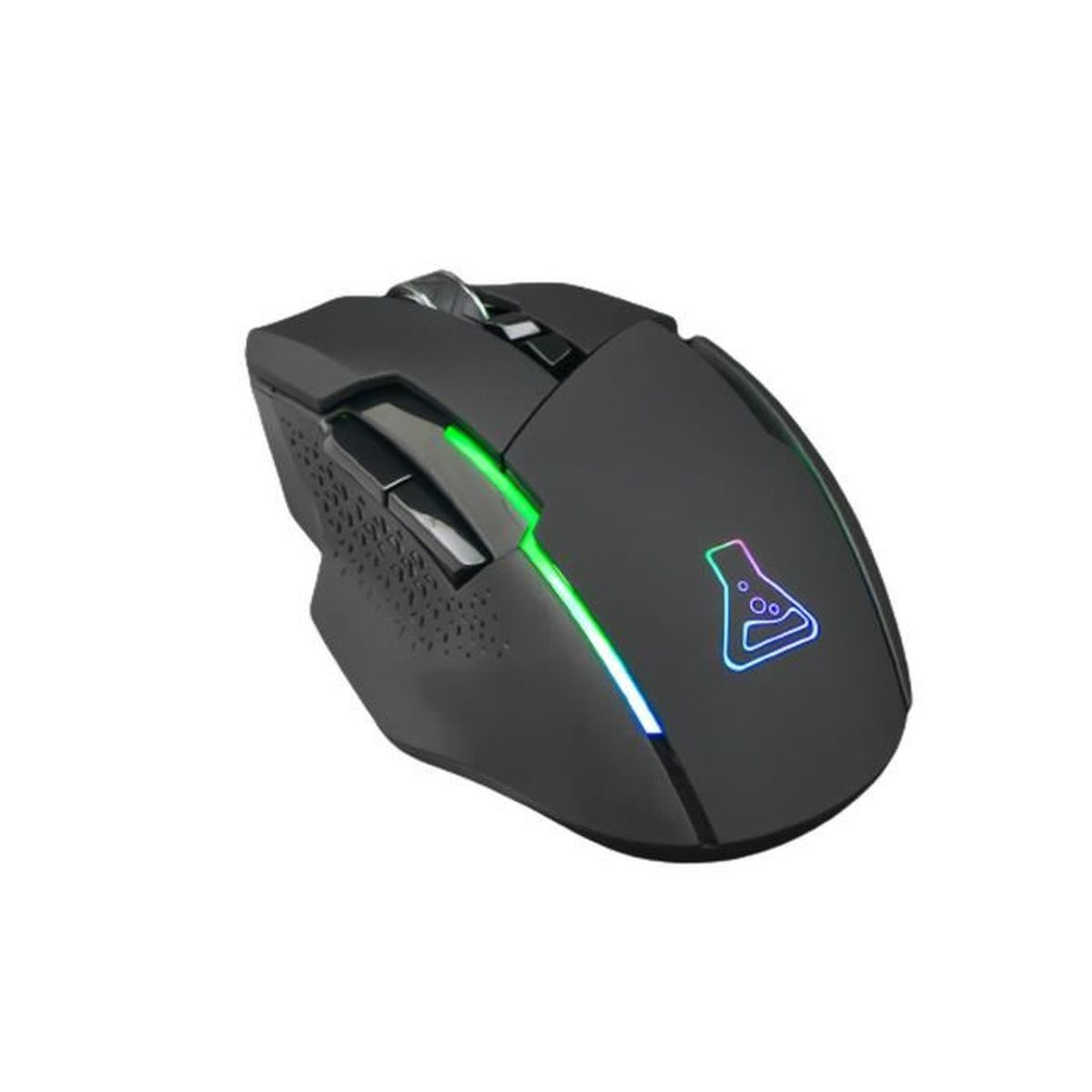 Eine schwarze Gaming-Maus mit grünem und blauem Leuchten.