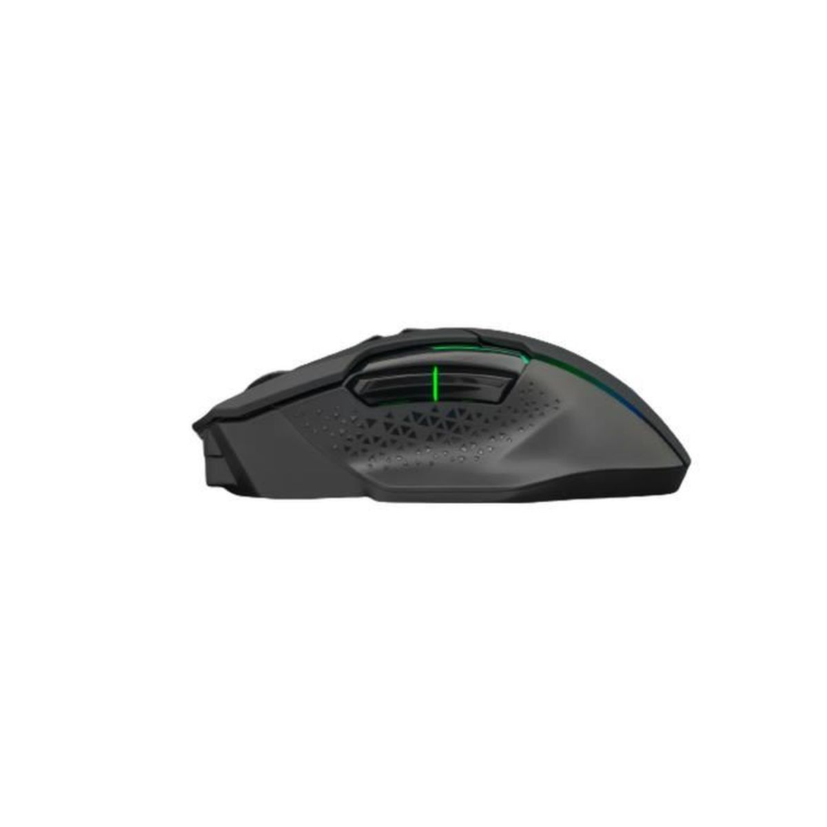 Schwarze Gaming-Maus mit grünen und blauen Lichtern. Weißer Hintergrund.