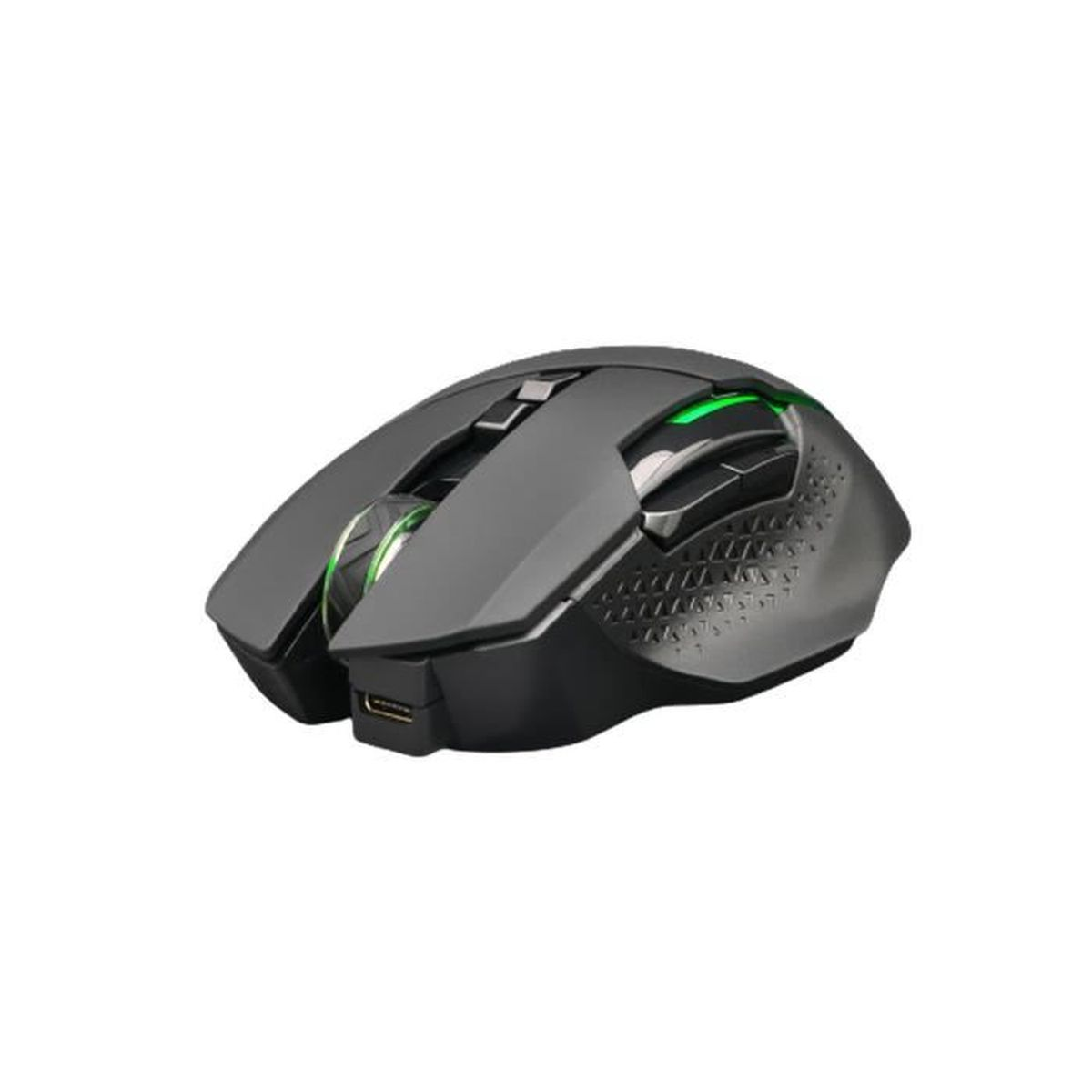 Eine dunkelgraue kabellose Maus mit Scrollrad und USB-C-Anschluss.