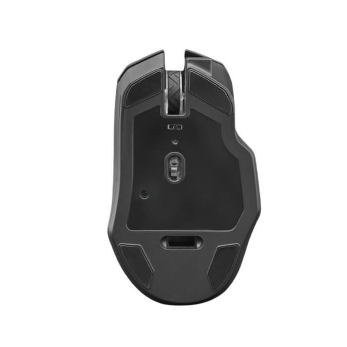 Unterseite einer schwarzen Maus. Zeigt Tasten und einen Steckplatz für einen Dongle.