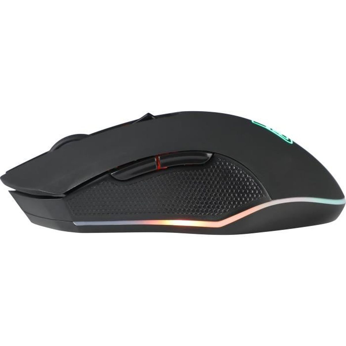 Un ratón gaming negro con luces de colores a los lados y un botón rojo.
