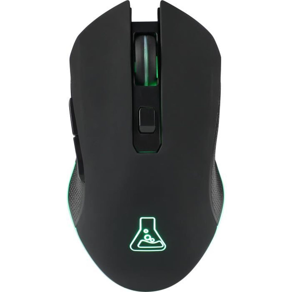 Ratón de ordenador negro con logotipo y rueda de desplazamiento iluminados en verde. Botones laterales.