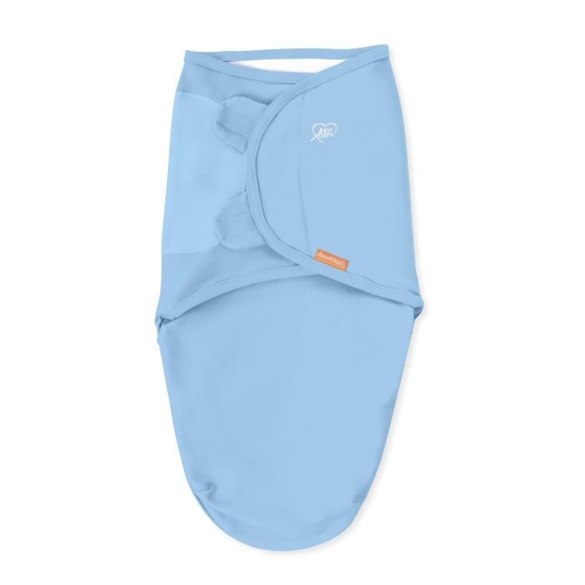 Eine blaue Baby-Puckdecke. Sie hat einen Klettverschluss und der Markenname ist sichtbar.