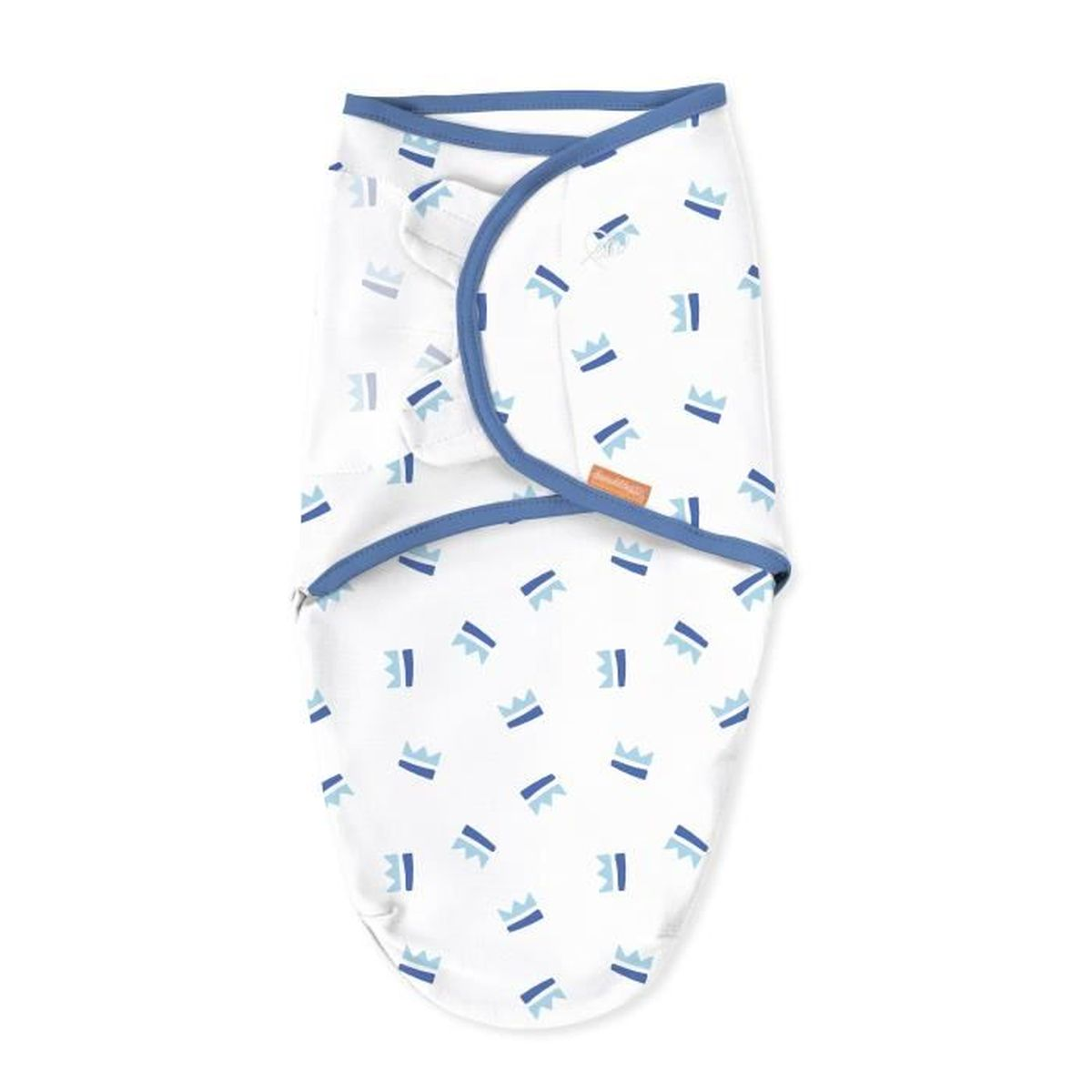 Weißes Baby-Pucktuch mit blauem Kronenmuster und blauem Besatz.