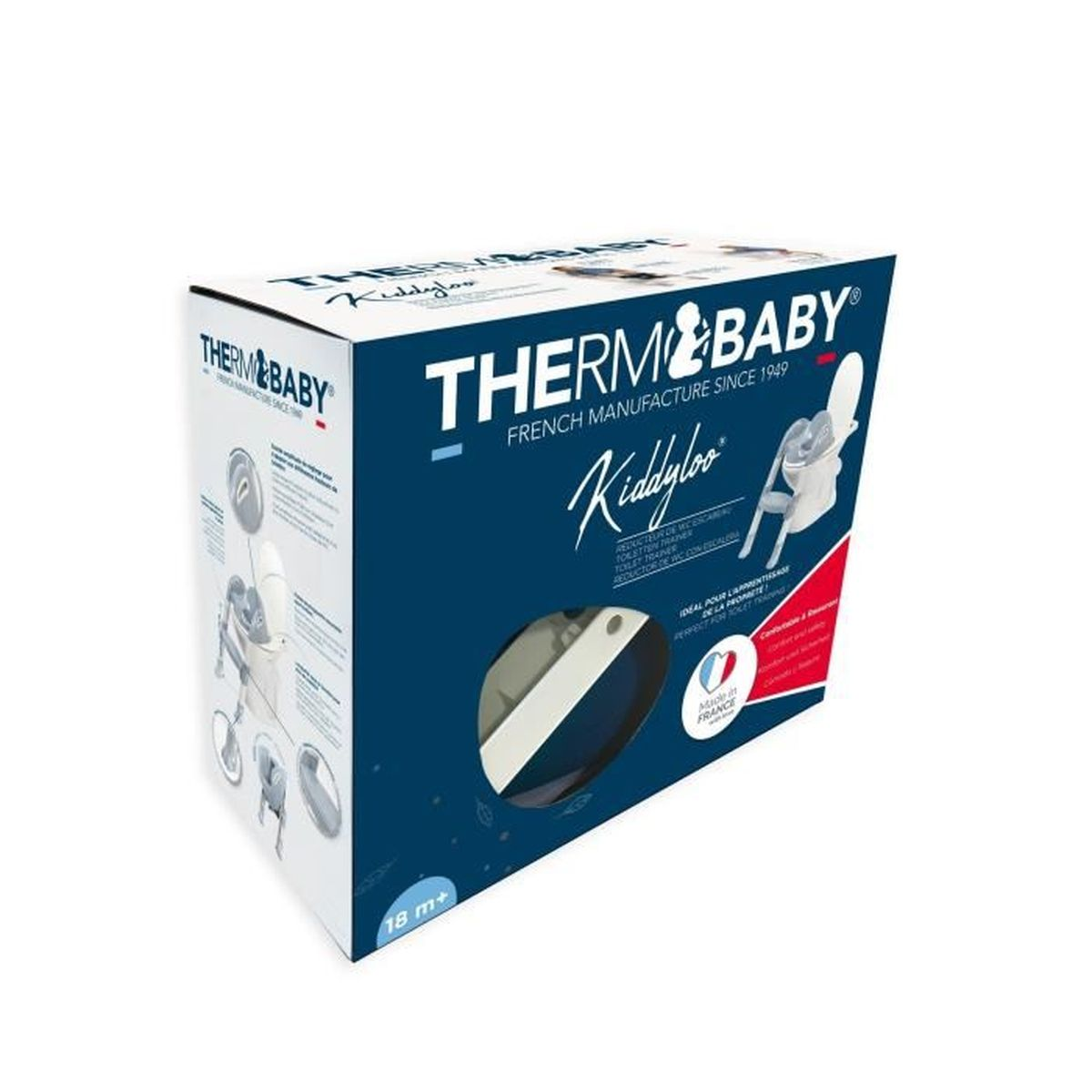 Karton der Thermobaby Kiddyloo Babyschale. Weiß und blau mit Bildern des Sitzes.