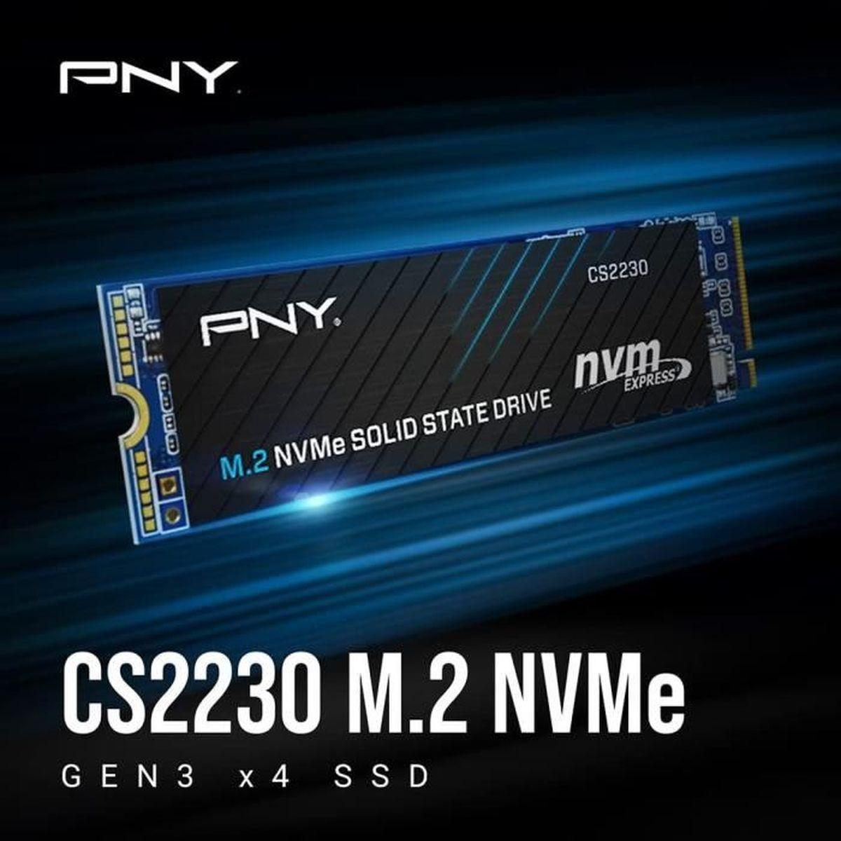 Niebieska karta PNY CS2230 M.2 NVMe SSD na niebieskim tle z tekstem.