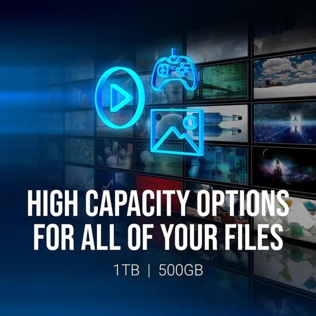 Obraz z kontrolerem do gier i przyciskiem odtwarzania. Tekst: "HIGH CAPACITY OPTIONS" i rozmiary pamięci.