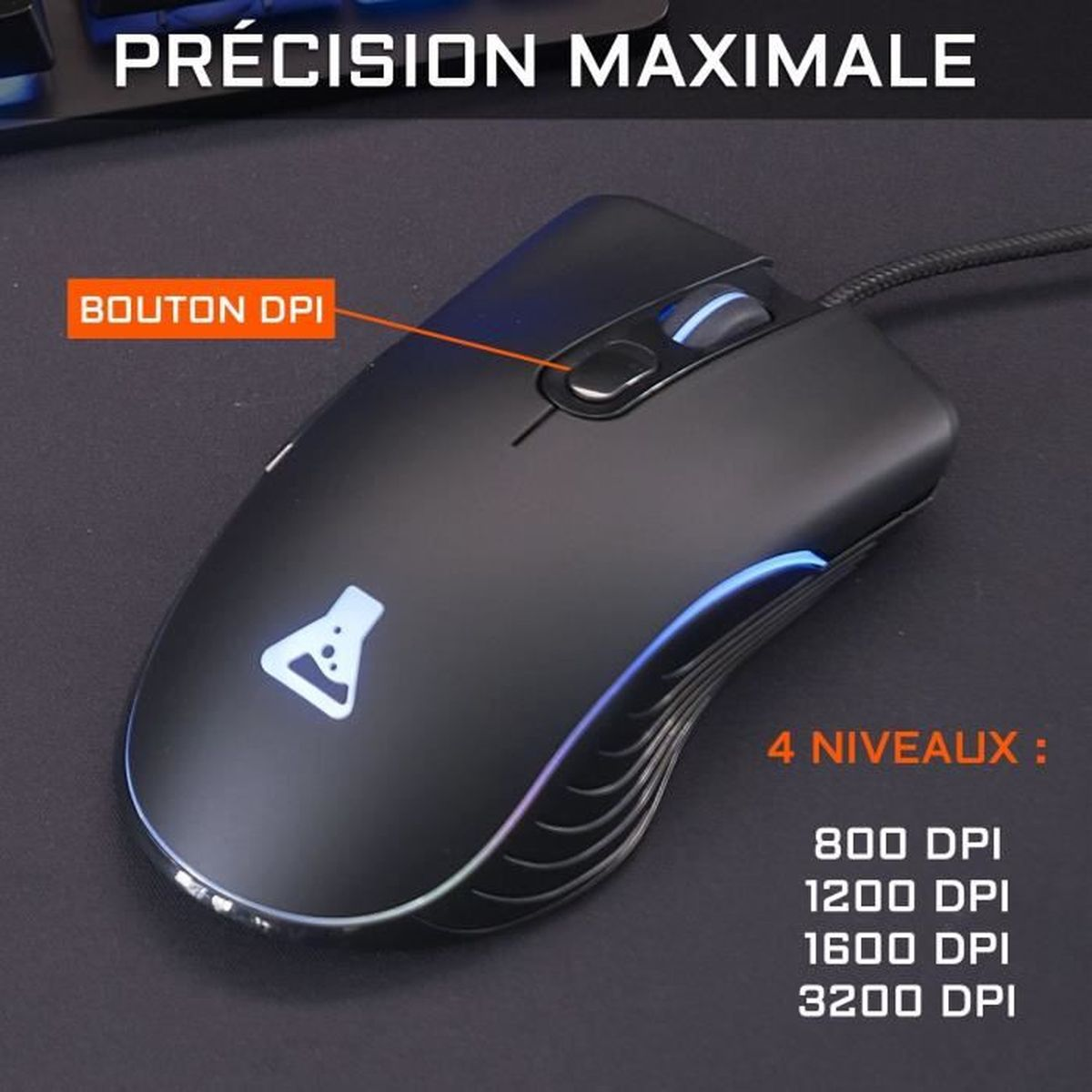 Schwarze Gaming-Maus mit DPI-Taste und LED-Beleuchtung. Text zeigt DPI-Stufen an.