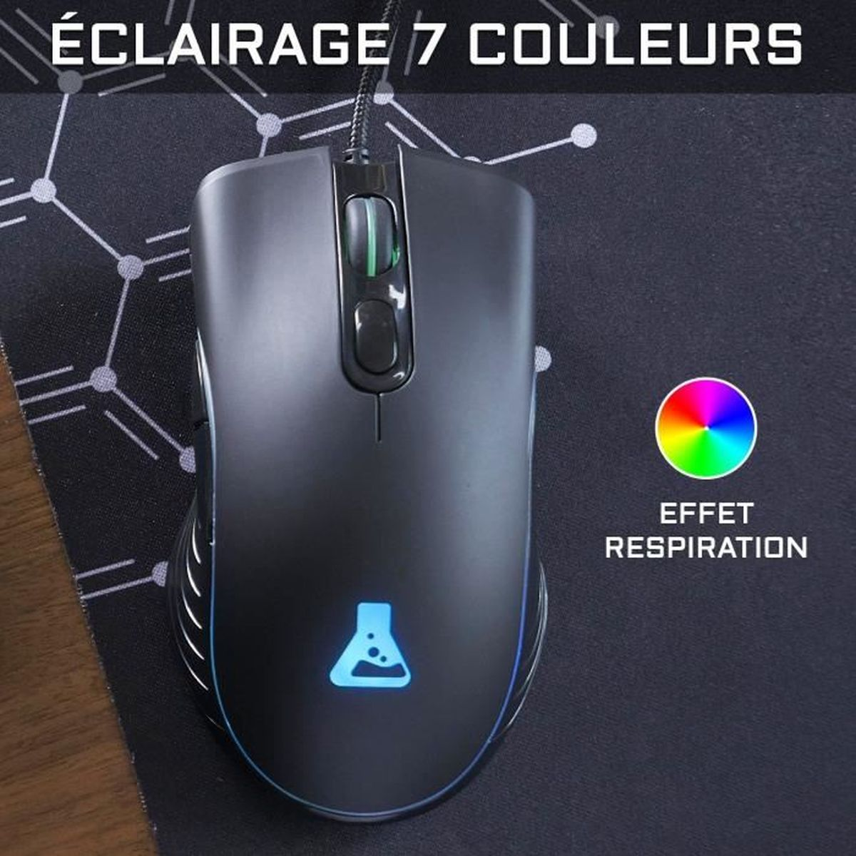Eine schwarze Computermaus mit blauem Licht und einer Grafik mit Regenbogenfarben.