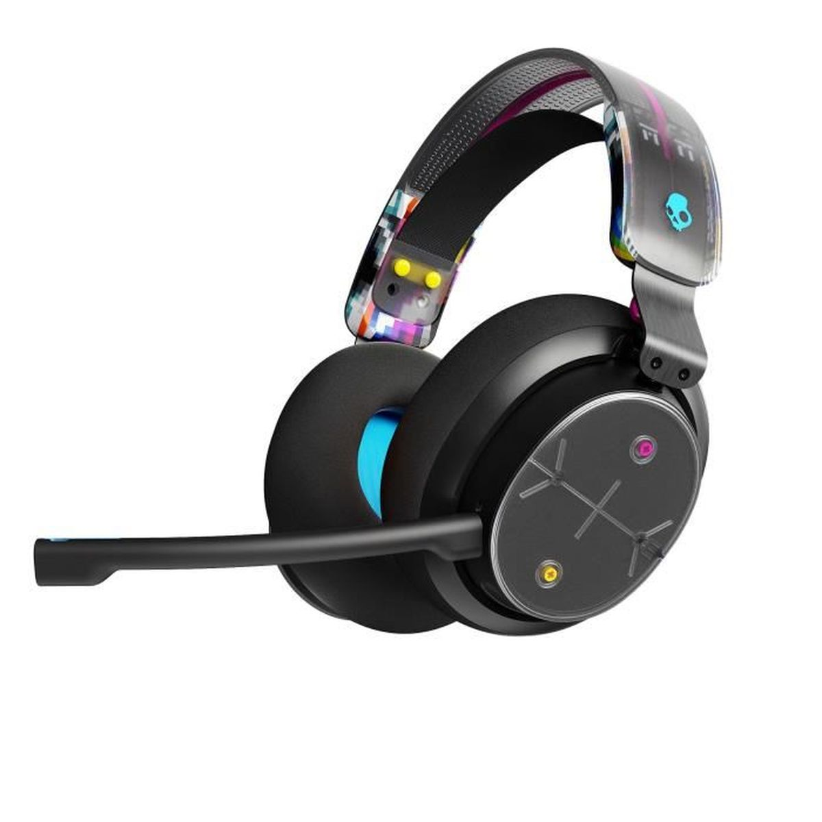 Cuffie Skullcandy nere con microfono. I padiglioni sono neri con accenti colorati.