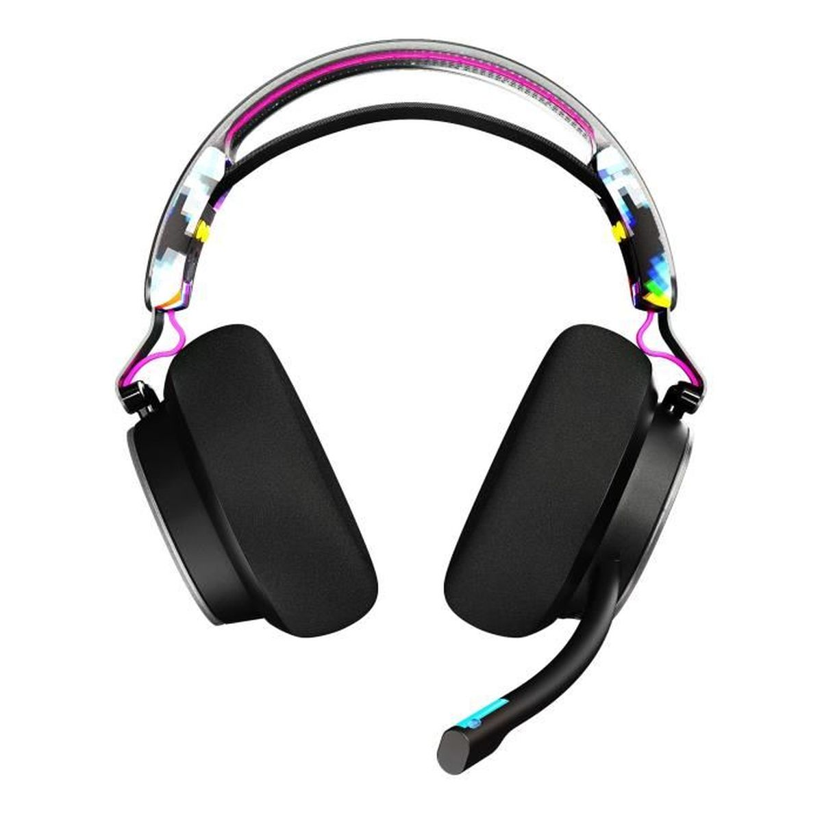 Cuffie da gioco nere con fascia colorata e microfono.