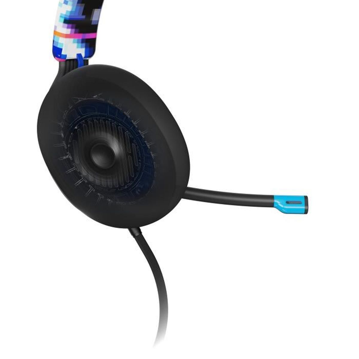 Schwarz-blaues Headset mit Mikrofon.