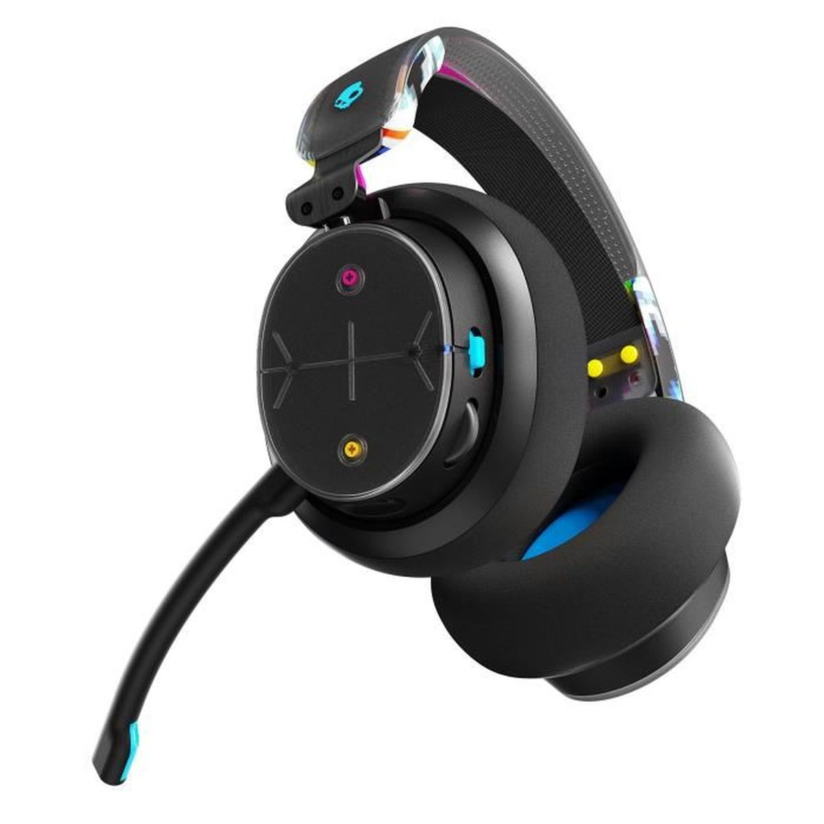 Cuffie nere con microfono. Ha accenti colorati sulla fascia e sui padiglioni.