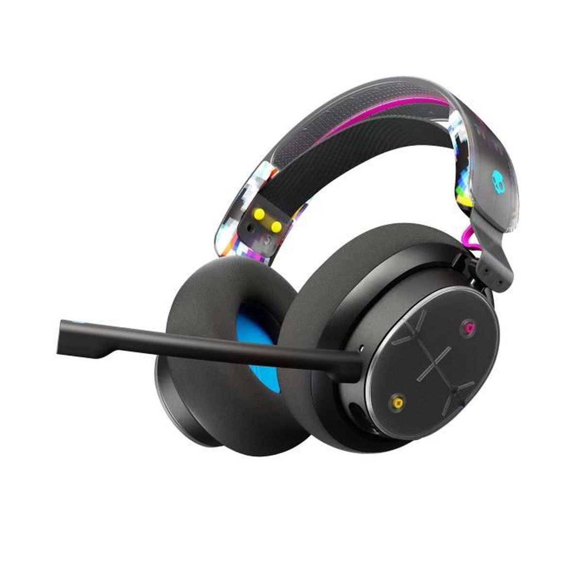 Cuffie da gioco nere con design colorato sull'archetto e microfono.