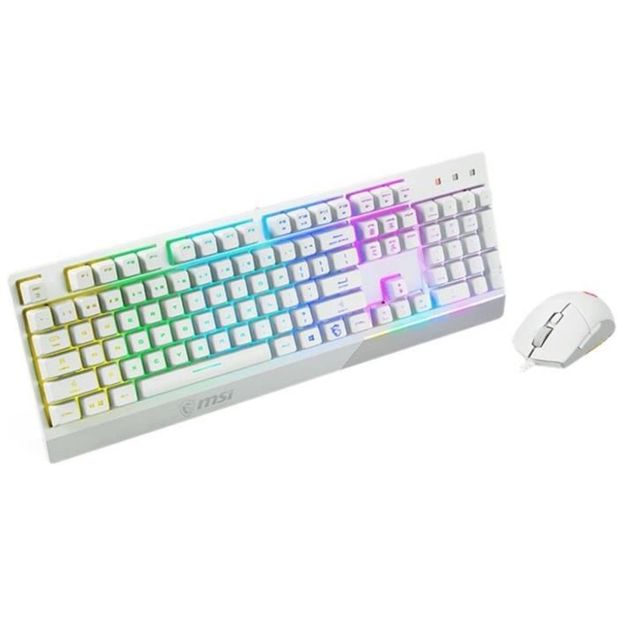 Una tastiera da gioco bianca con illuminazione RGB e un mouse bianco.