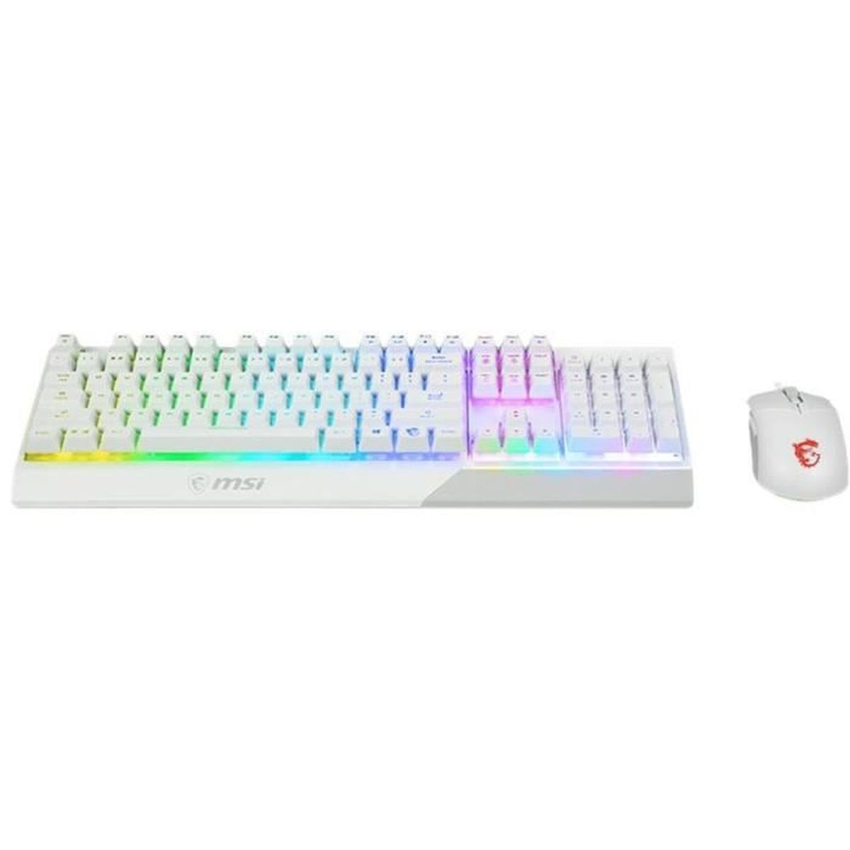 Tastiera MSI bianca con luci arcobaleno e un mouse MSI bianco.