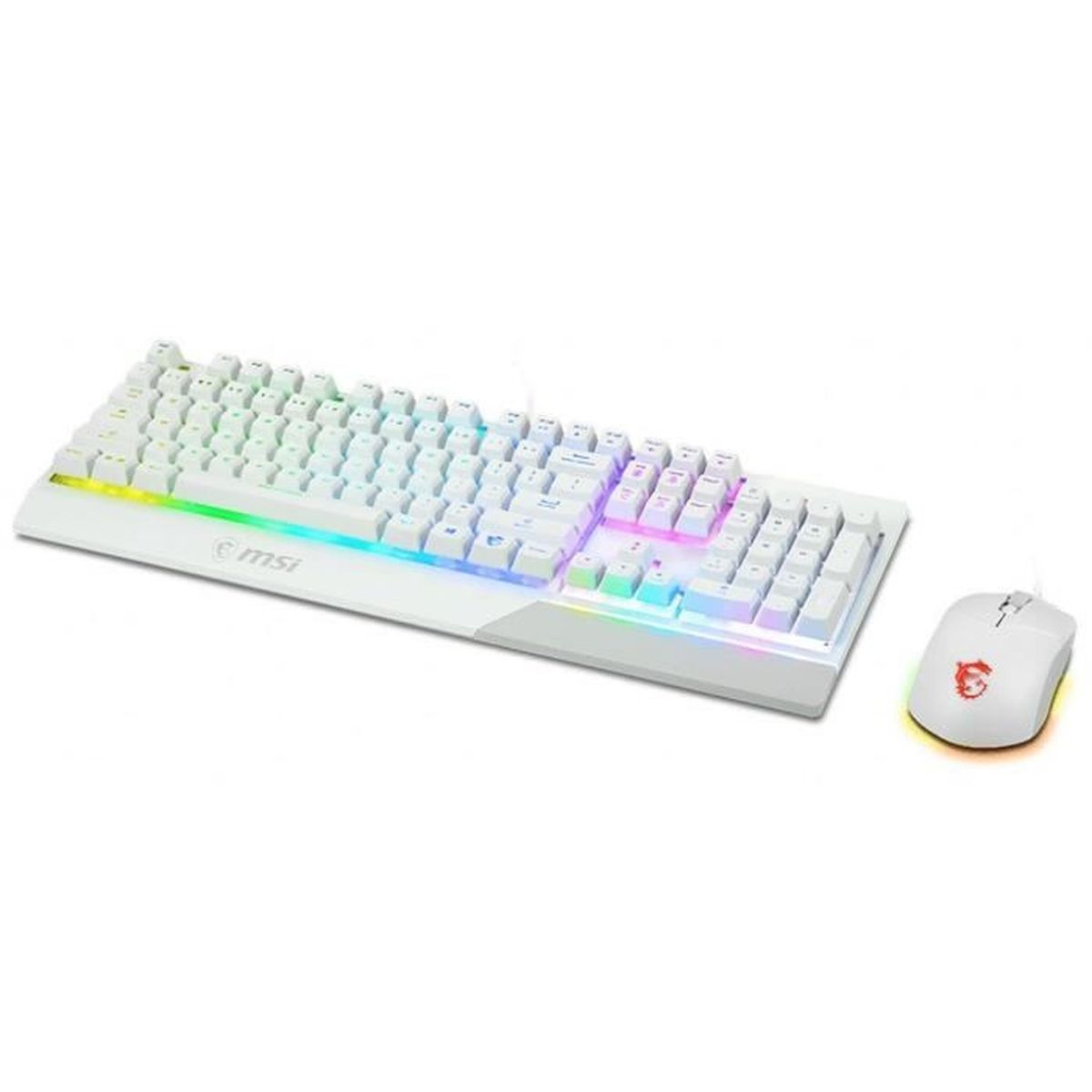 Set tastiera e mouse bianchi. La tastiera ha luci colorate e il marchio MSI.