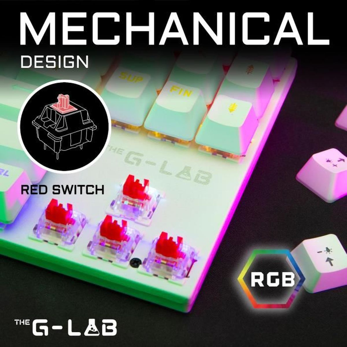 Mechanische Tastatur mit roten Schaltern, RGB-Beleuchtung und Keycaps auf weißer Basis.