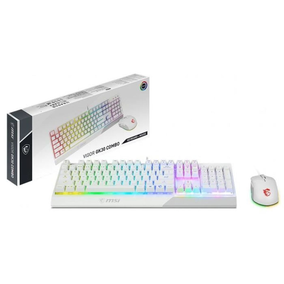 Combo tastiera e mouse bianchi con illuminazione RGB, in una scatola bianca.