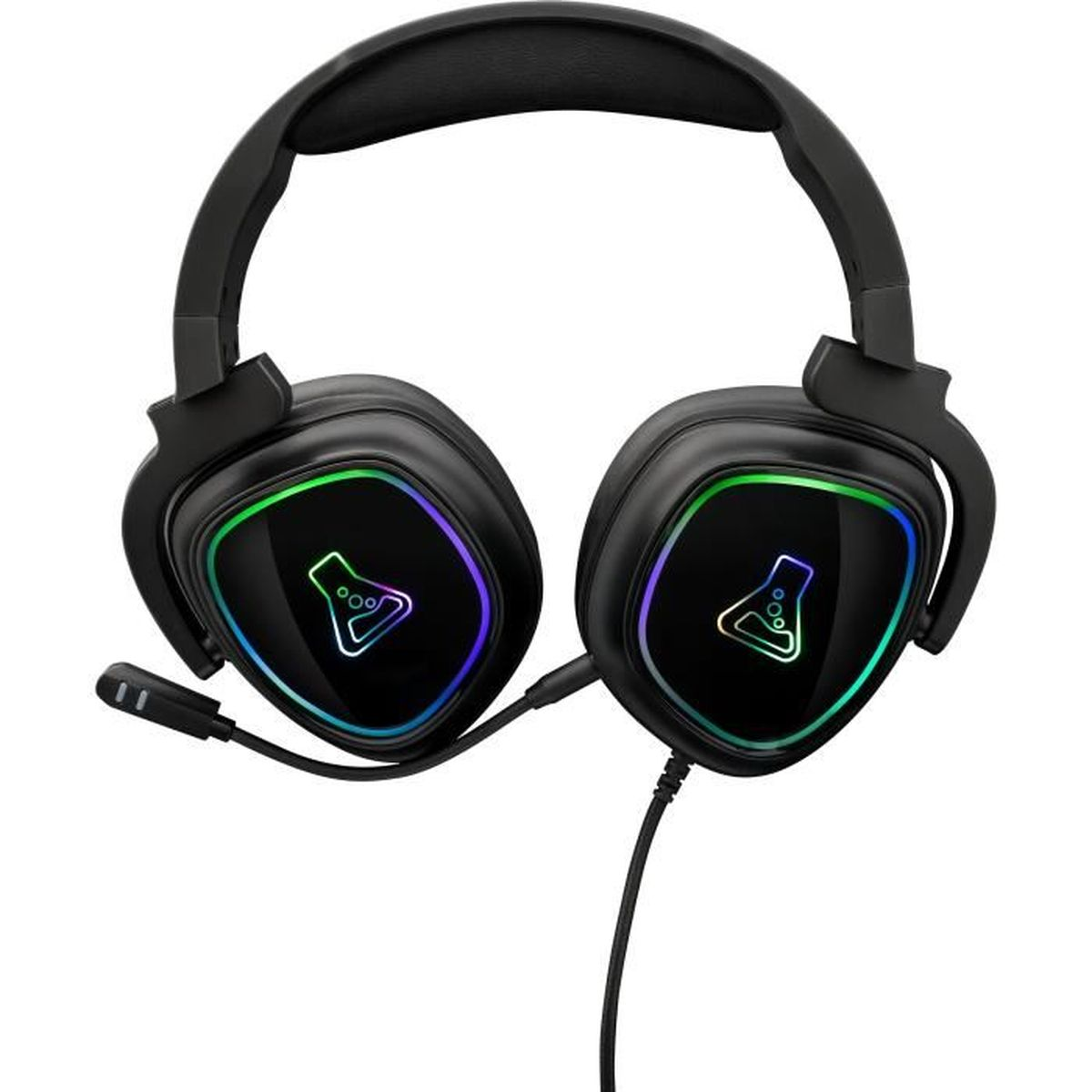 Schwarzes Gaming-Headset mit RGB-Beleuchtung. Mikrofon befestigt. Die Ohrmuscheln haben Logo.