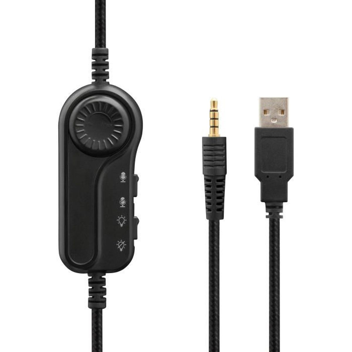 Schwarze Headset-Steuerung mit Mikrofon-, Lautstärke- und Stummschalttasten sowie USB und Klinke.