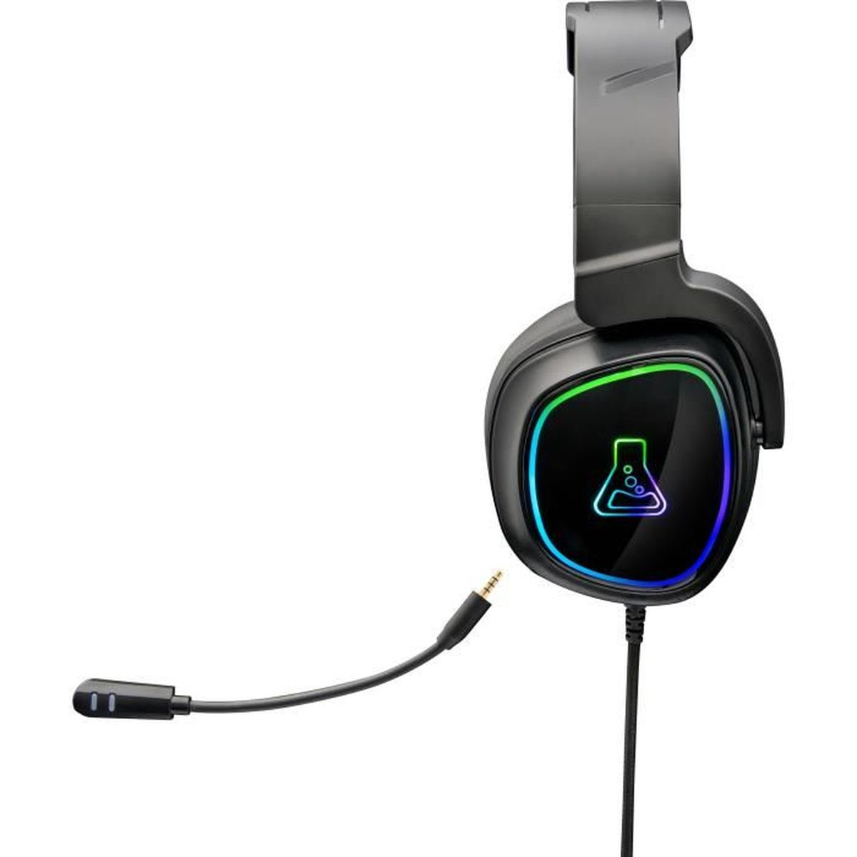 Schwarzes Gaming-Headset mit Mikrofon, beleuchtet mit bunten Lichtern.