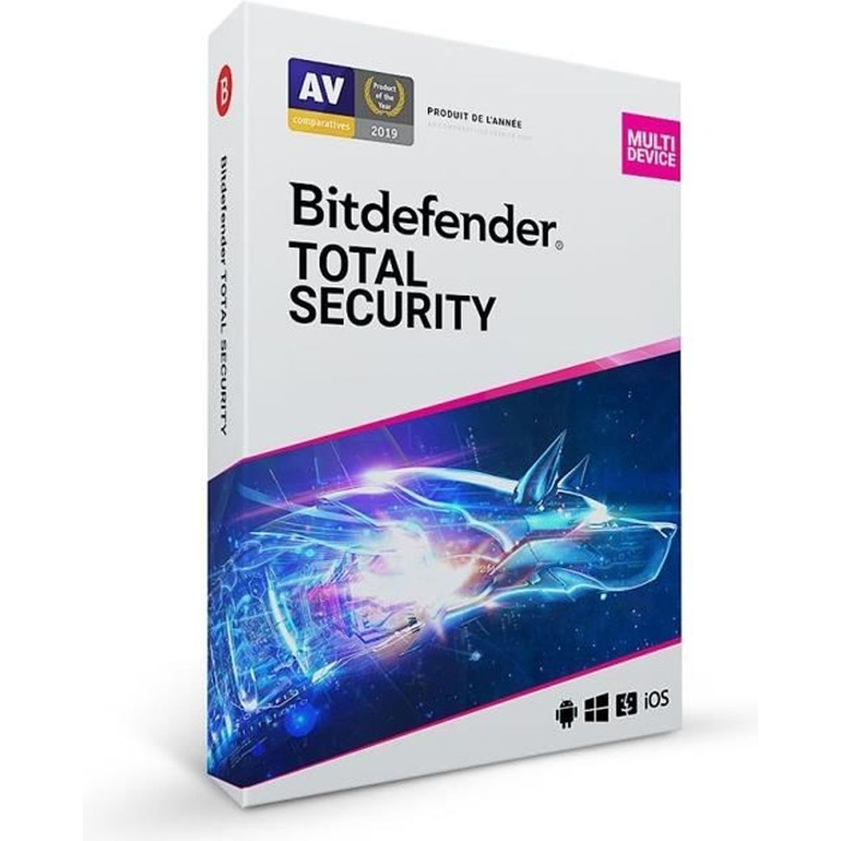 Una scatola di software con sfondo bianco e testo nero. Mostra il logo Bitdefender.