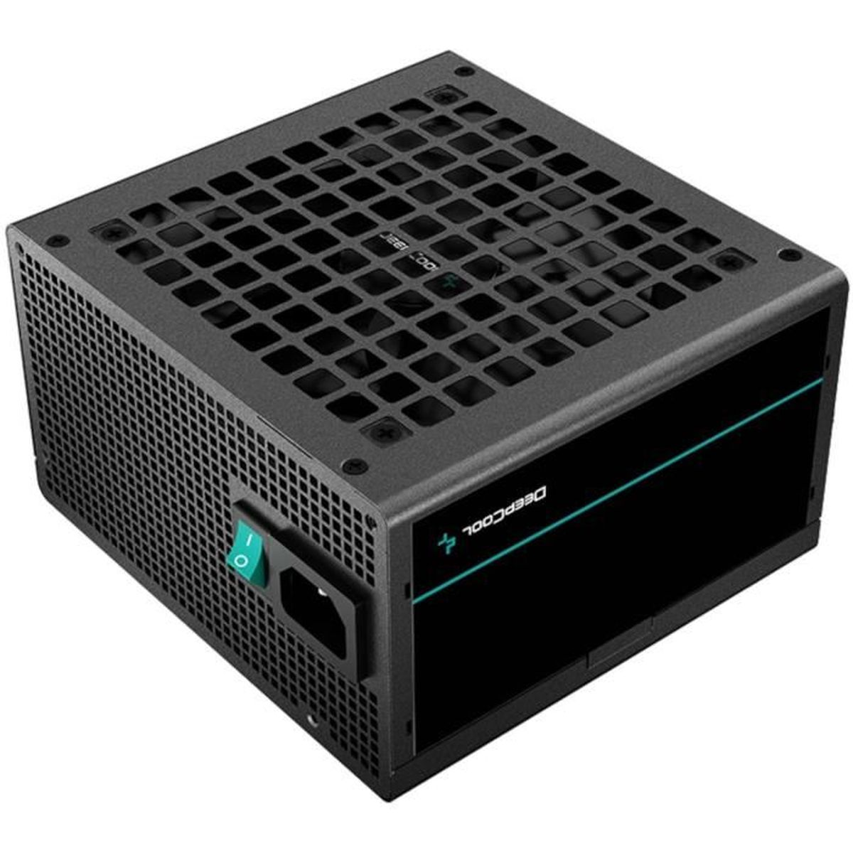 Czarny zasilacz komputerowy. Ma wentylator i przełącznik zasilania. Widoczna jest marka Deepcool.