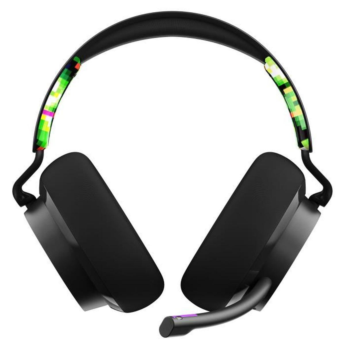 Cuffie da gioco nere con microfono. I padiglioni auricolari hanno accenti colorati.