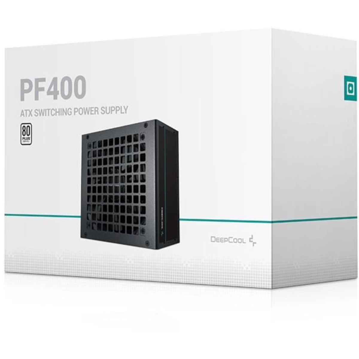Białe pudełko zasilacza impulsowego DeepCool PF400 ATX. Czarny zasilacz w środku.