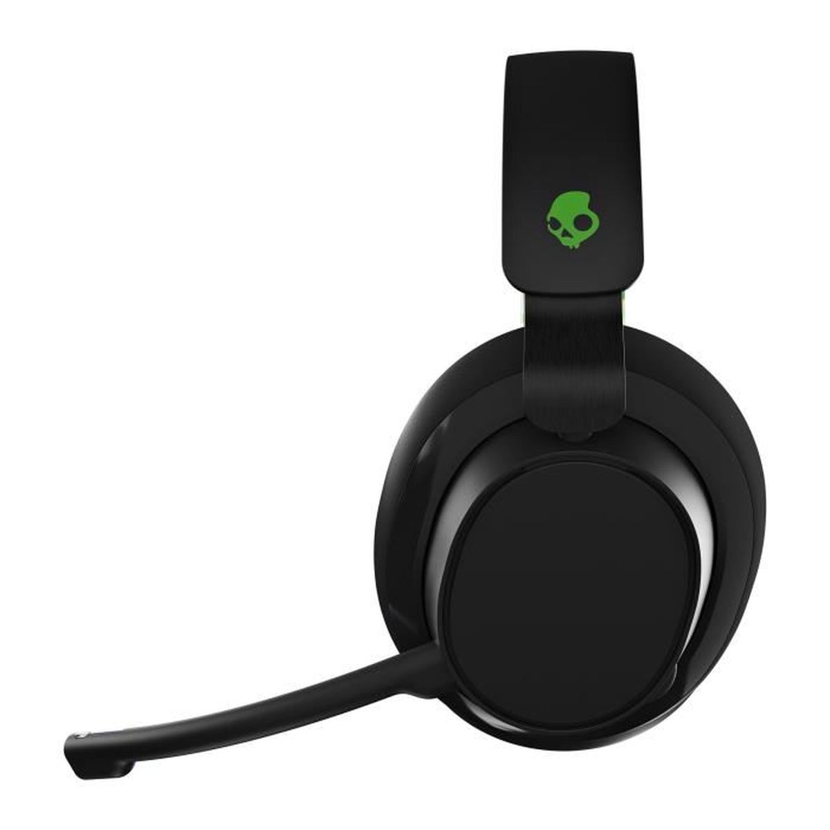 Una cuffia da gioco nera con logo teschio verde e microfono su sfondo bianco.