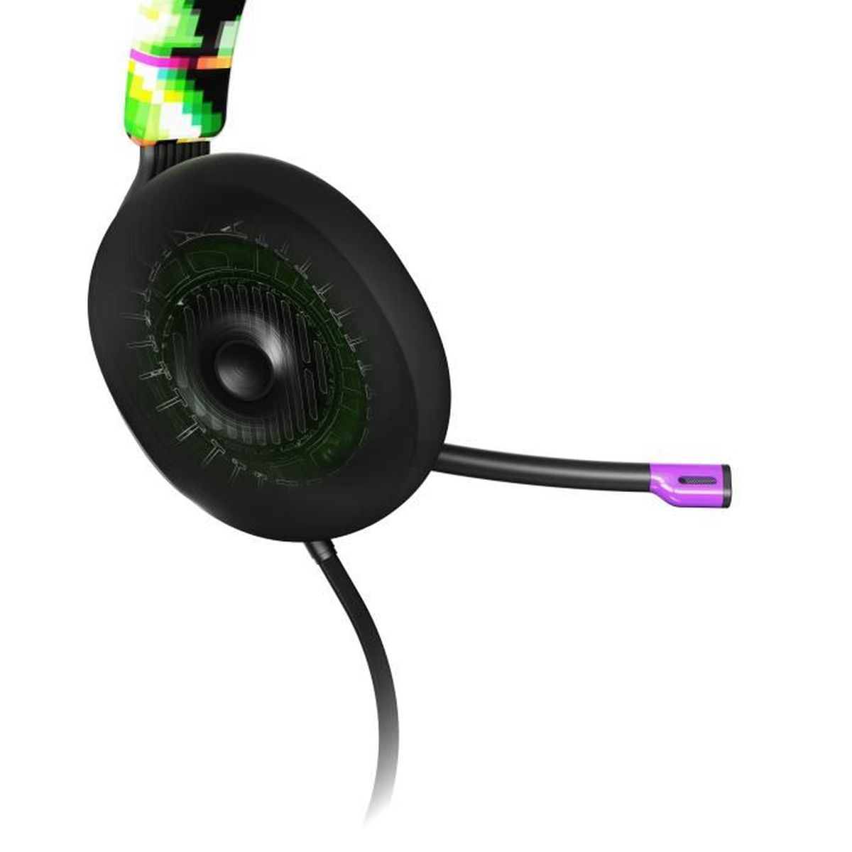 Cuffie da gioco nere con microfono, accenti colorati e punta microfono viola.