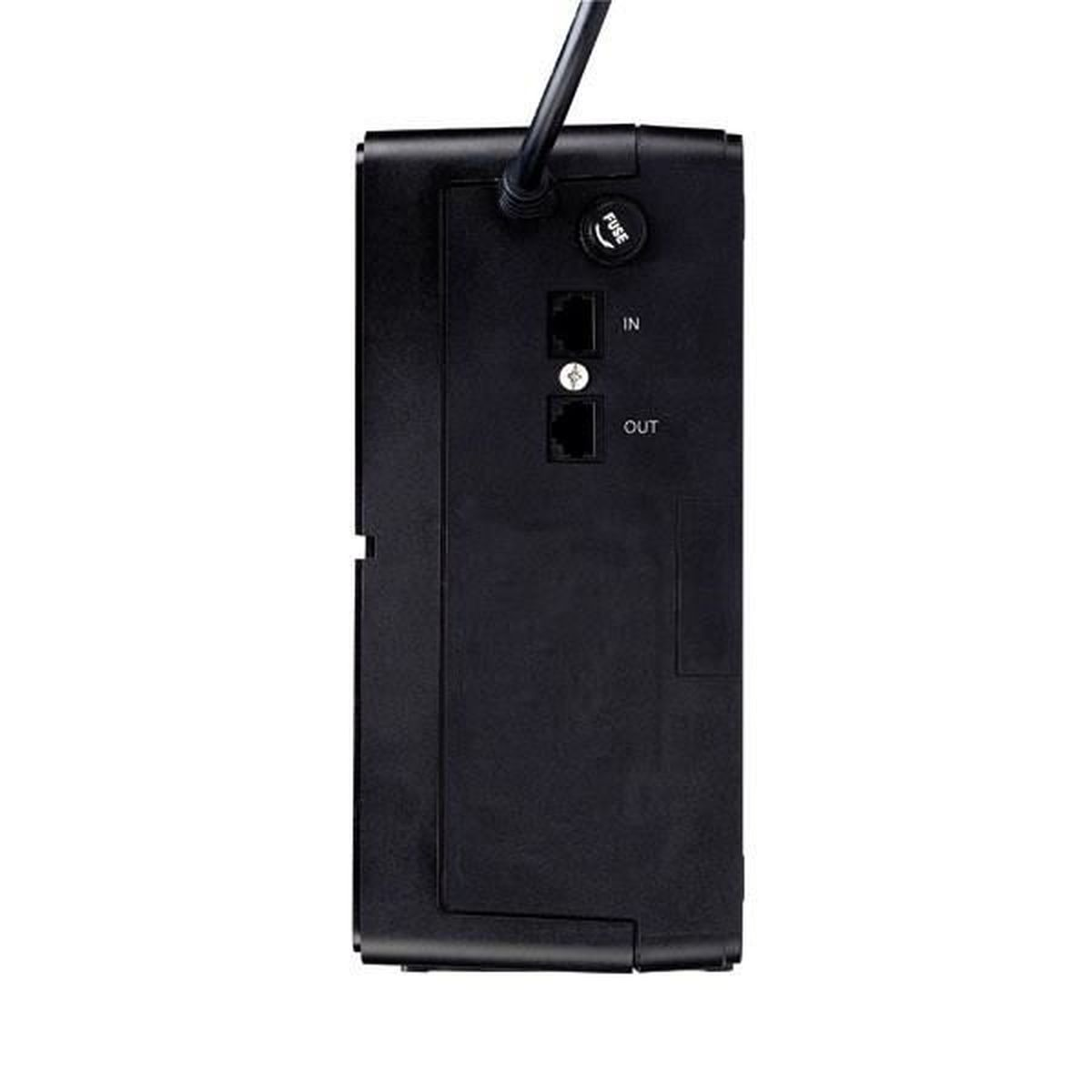 Ein schwarzes USV-Gerät mit mehreren Anschlüssen und einem Netzkabel, vor weißem Hintergrund.