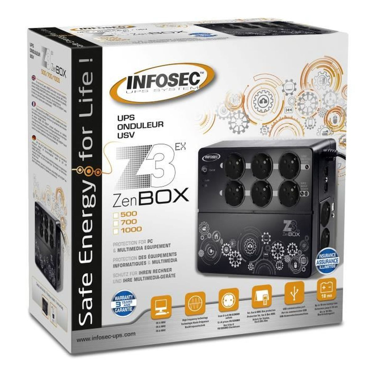 Eine Box mit einem USV-System. Die Box ist weiß und schwarz, hat Text über das Produkt und Logos.
