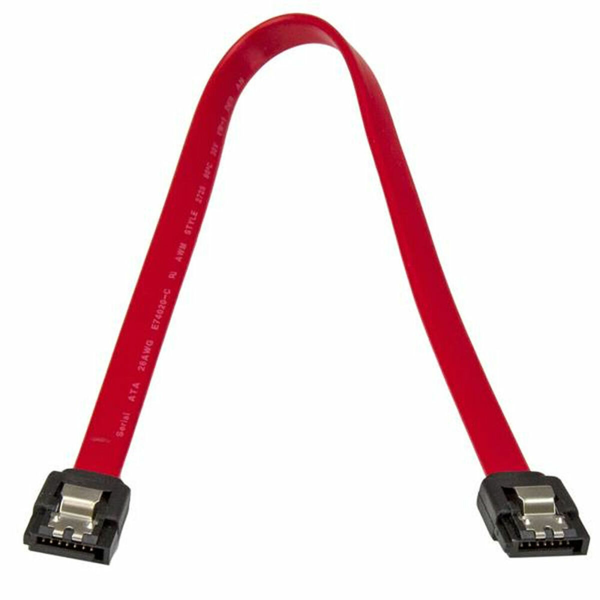Red SATA cable with black connectors on a white background.