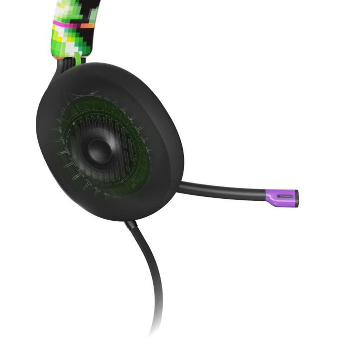 Close-up of a black gaming headset ear cup with a microphone.