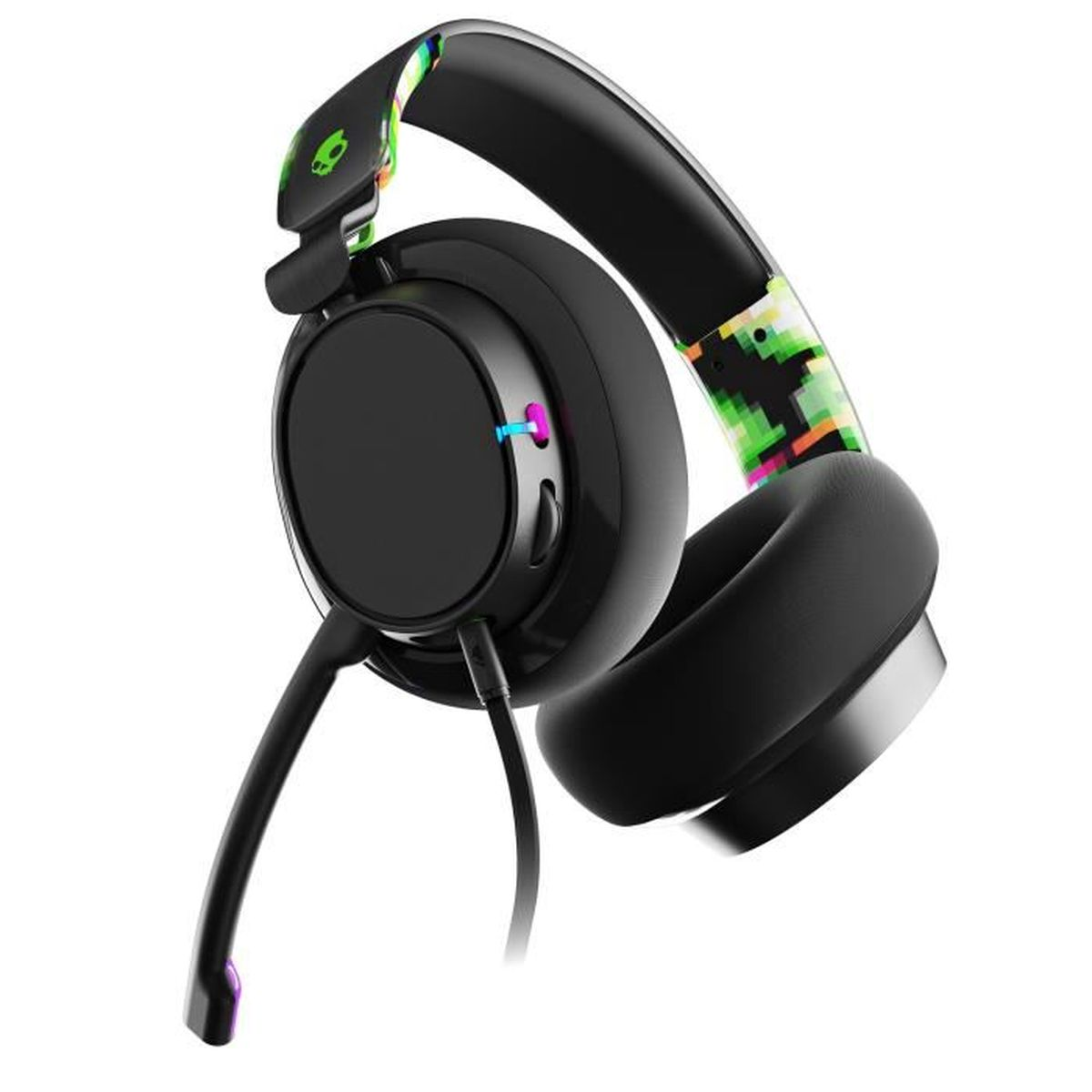 Black gaming headphones with a microphone. The headband features colorful pixel art.