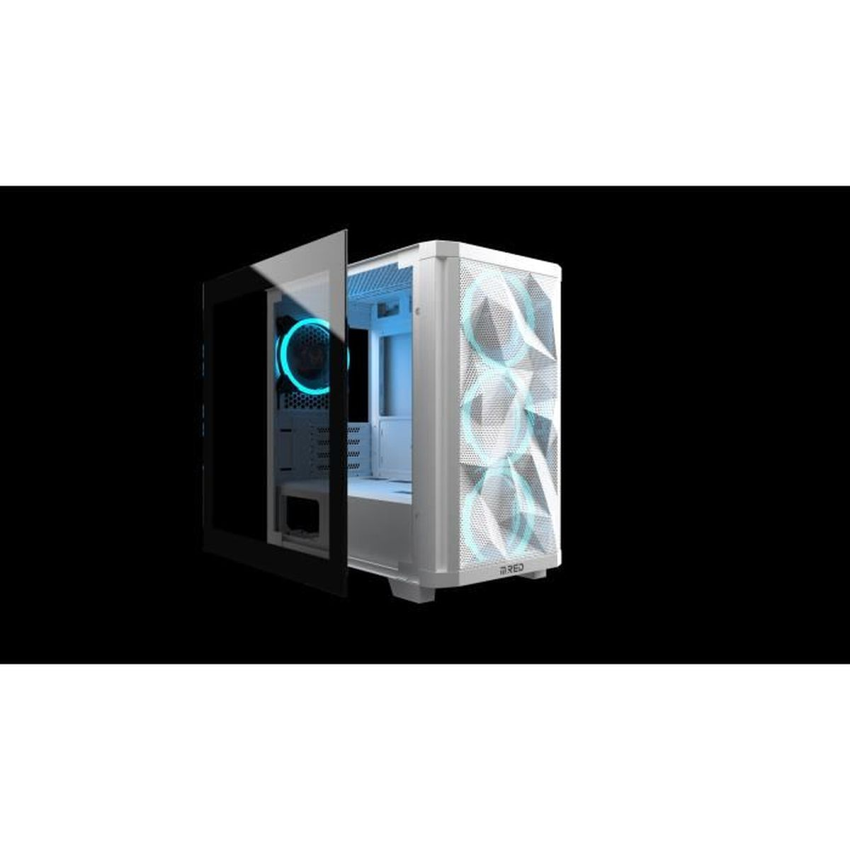 Case PC bianco con pannello laterale in vetro e luci a LED.