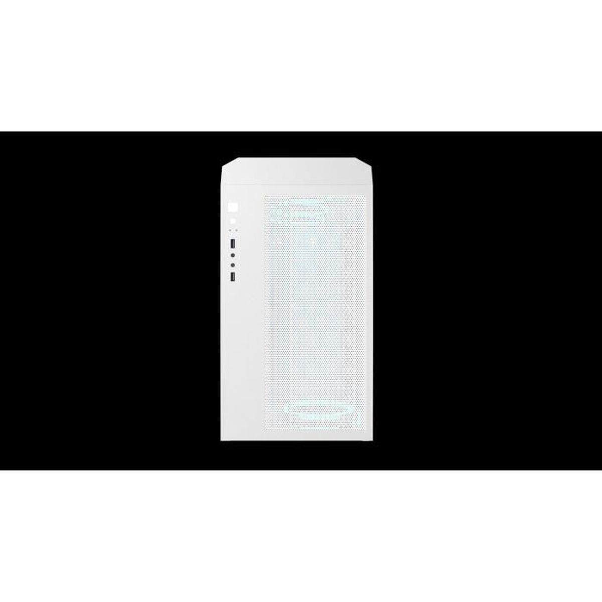 Case per computer bianco. Ha un pannello frontale perforato e sfondo nero.