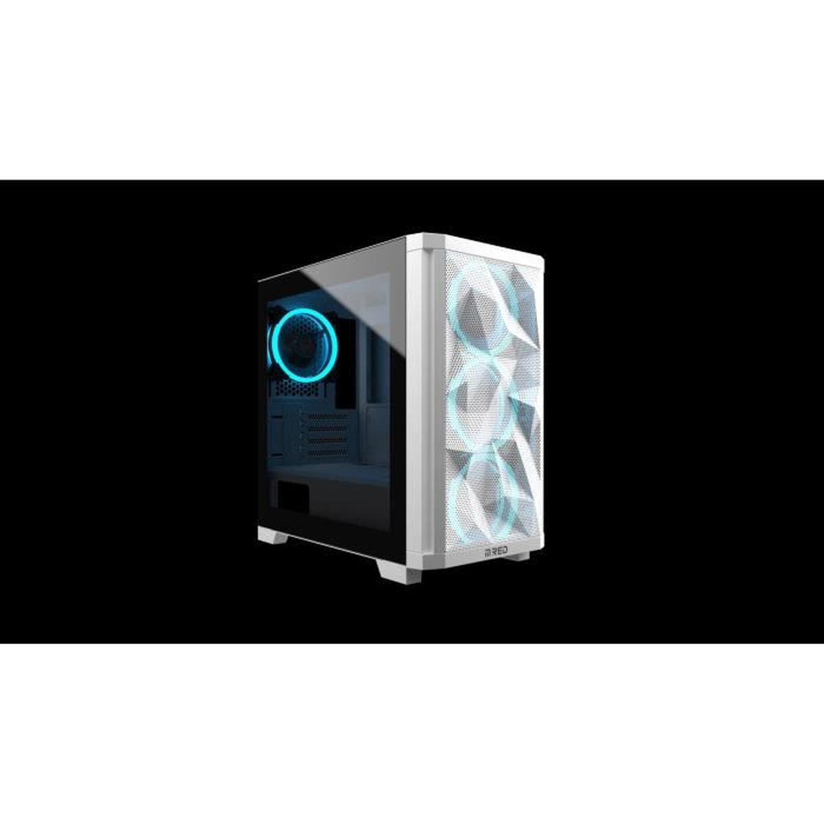 Case per computer bianco con pannello laterale in vetro e ventole illuminate di blu, su sfondo nero.